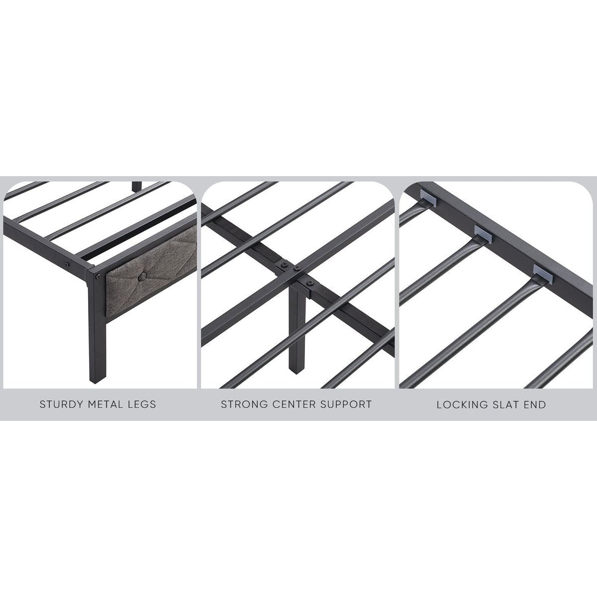 Queen Bed Frame with Storage Headboard, Charging Station and LED Lights, Upholstered Platform Bed with Heavy Metal Slats, No Box Spring Needed, Noise Free, Easy Assembly, Dark Gray