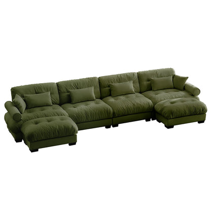 Modern Velvet U Shaped Sectional Sofa Cloud Couch with Movable Ottomans and Bolstered Armrests, Olive Green