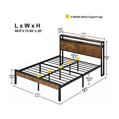 King Size Metal Platform Bed Frame with Wooden Headboard and Footboard with USB LINER, No Box Spring Needed, Large Under Bed Storage, Easy Assemble