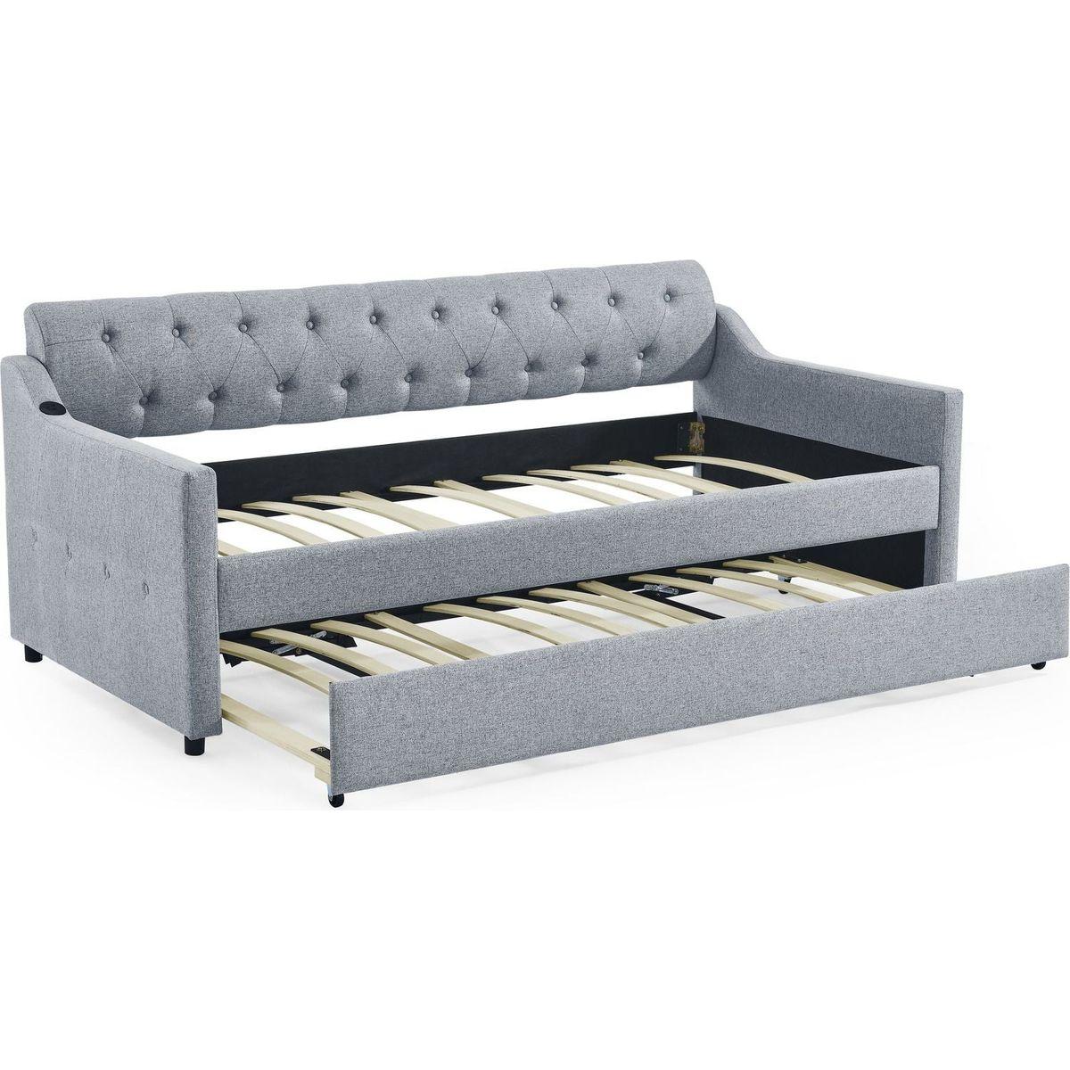 Twin Size Upholstery DayBed with Twin Size Erectable Trundle and USB Charging Design, Linen Grey