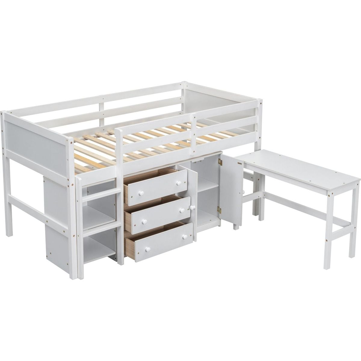 Twin Size Low Loft Bed With Pull-Out Desk, Drawers, Cabinet, and Shelves for White Color