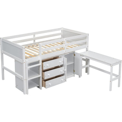 Twin Size Low Loft Bed With Pull-Out Desk, Drawers, Cabinet, and Shelves for White Color