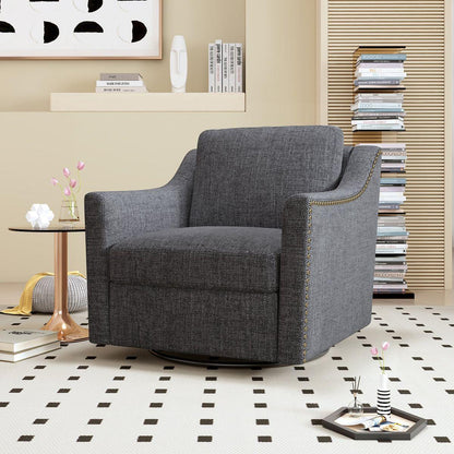 360 Degree Swivel Armchair Cotton linen skin-friendly fabric Ergonomic design Brass nail decorative armchair Living room chairs Bedroom chairs Living room chairs Black legs Suitable for indoor homes - Streamdale Furniture