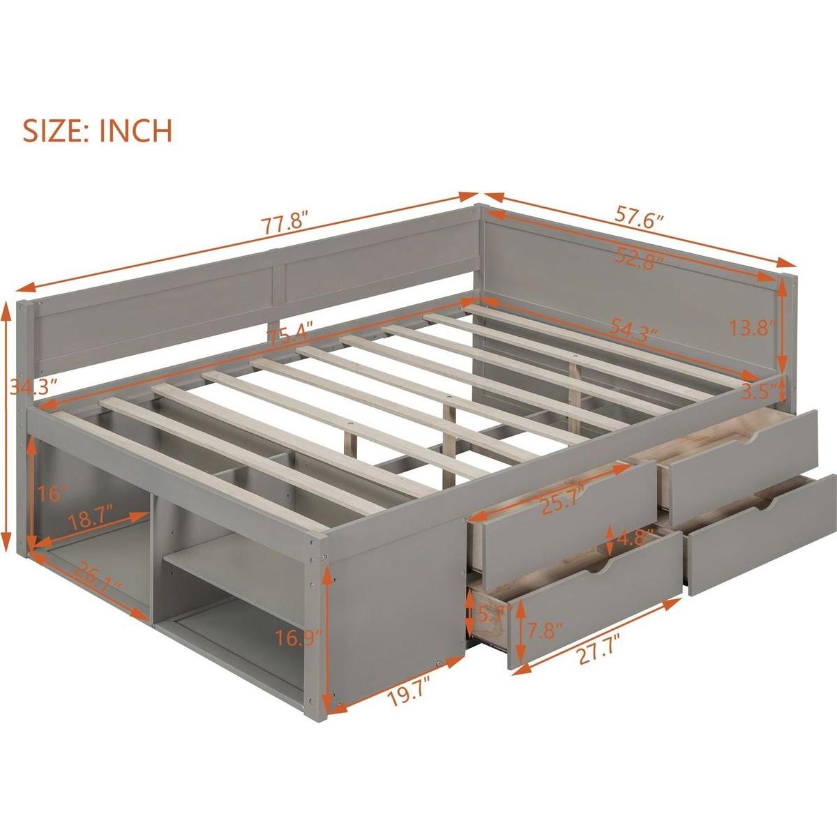 Full Size Daybed with Drawers and Shelves, Gray
