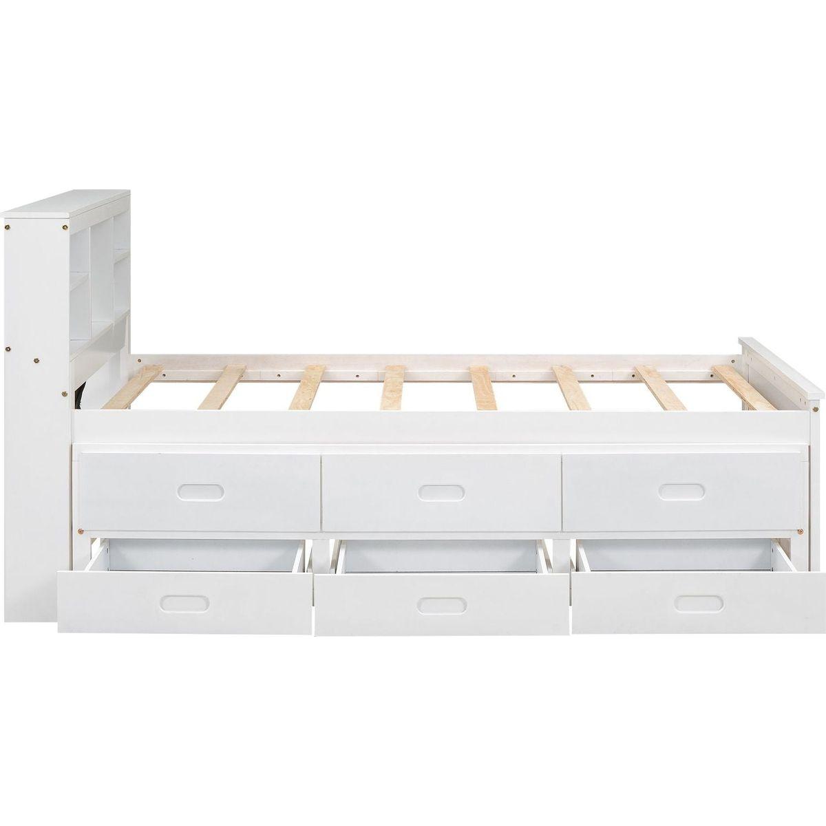 Twin Size Platform Bed with Storage Headboard, USB, Twin Size Trundle and 3 Drawers, White