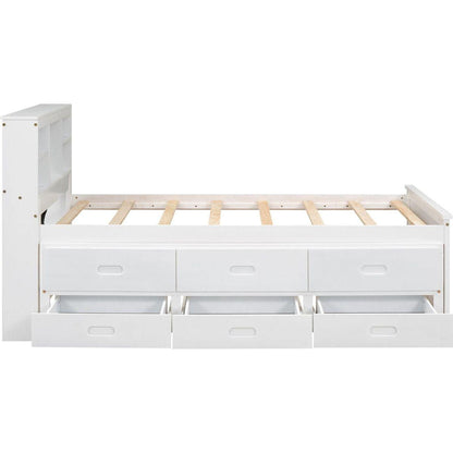 Twin Size Platform Bed with Storage Headboard, USB, Twin Size Trundle and 3 Drawers, White