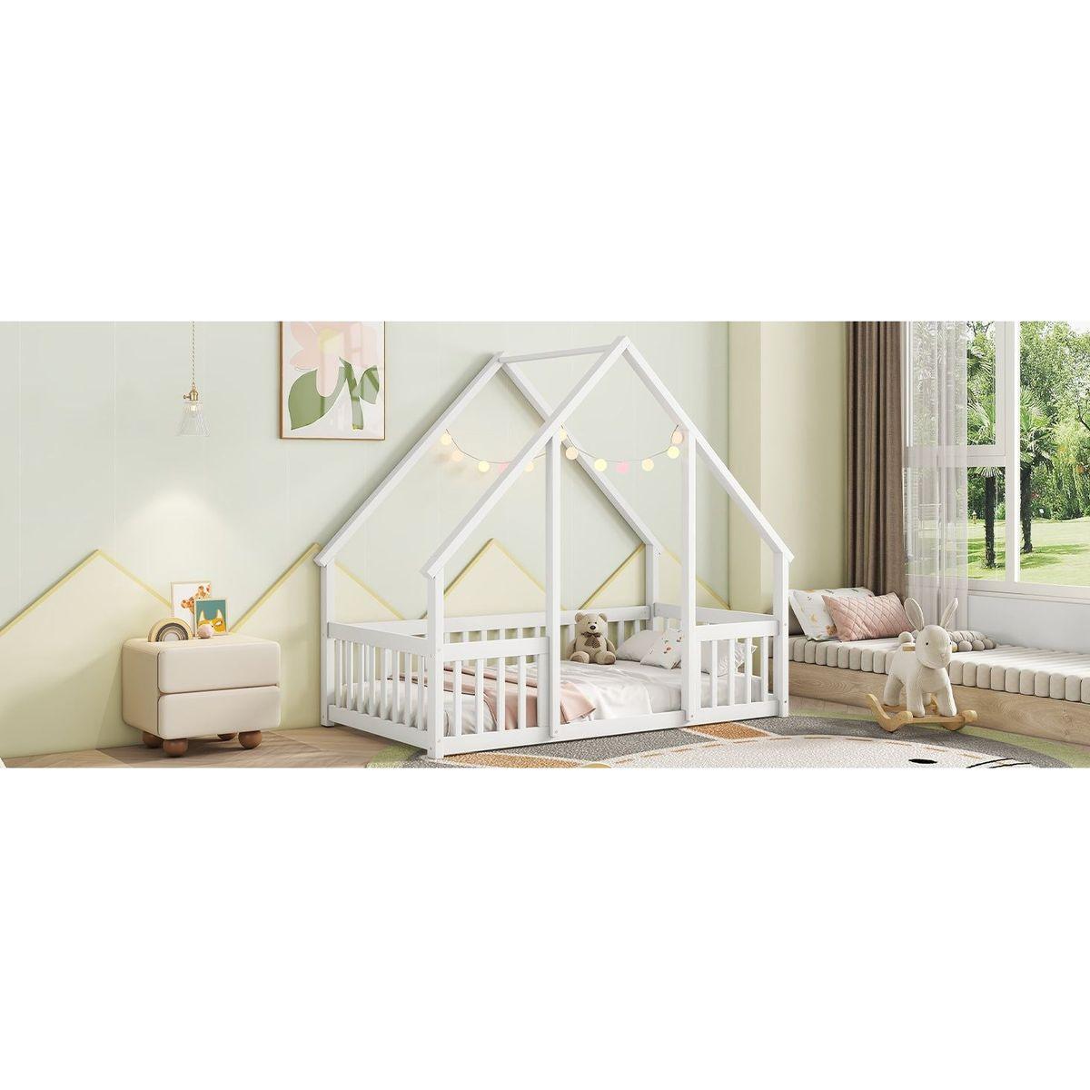 Twin Wood House-Shaped Floor Bed with Fence, Guardrails, White