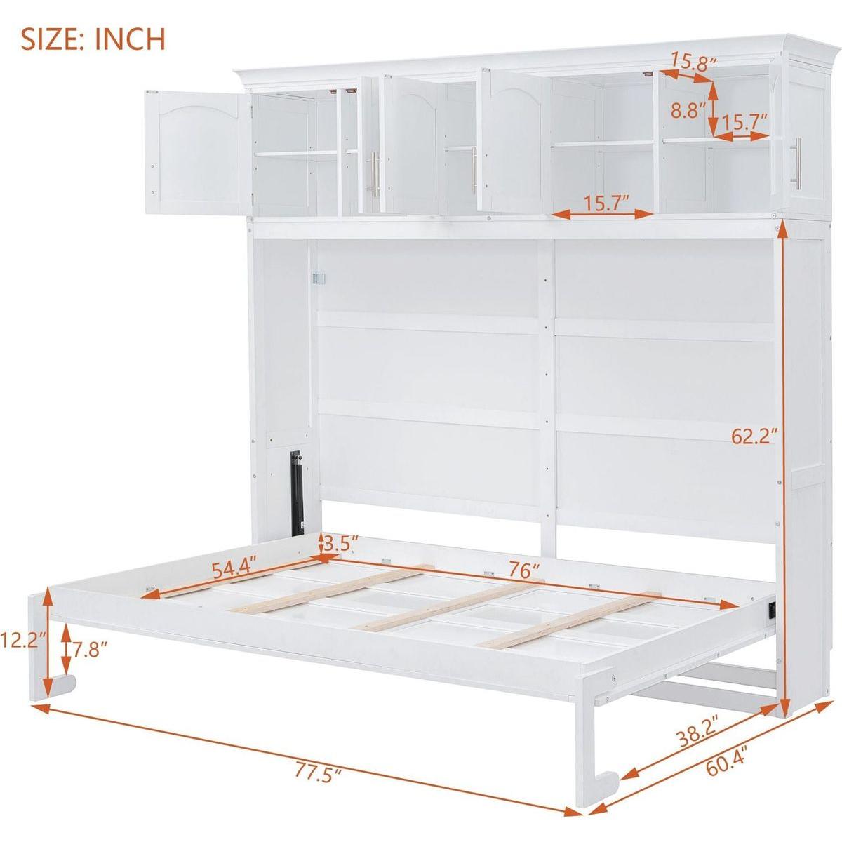 Full Size Murphy Bed Wall Bed with Top Cabinets,White