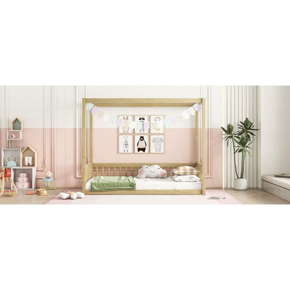 Twin Size Canopy Frame Floor Bed with Fence, Guardrails,Natural