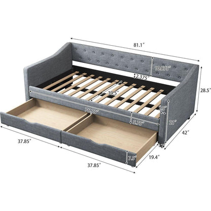 Twin Size Daybed with Drawers Upholstered Tufted Sofa Bed, with Button on Back and Piping on Waved Shape Arms-Light Grey