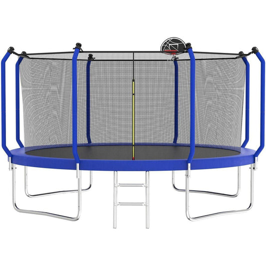 14FT Trampoline with Basketball Hoop, ASTM Approved Reinforced Type Outdoor Trampoline with Enclosure Net