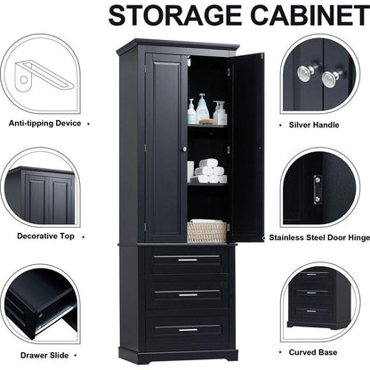 Tall Storage Cabinet with Three Drawers for Bathroom/Office, Black