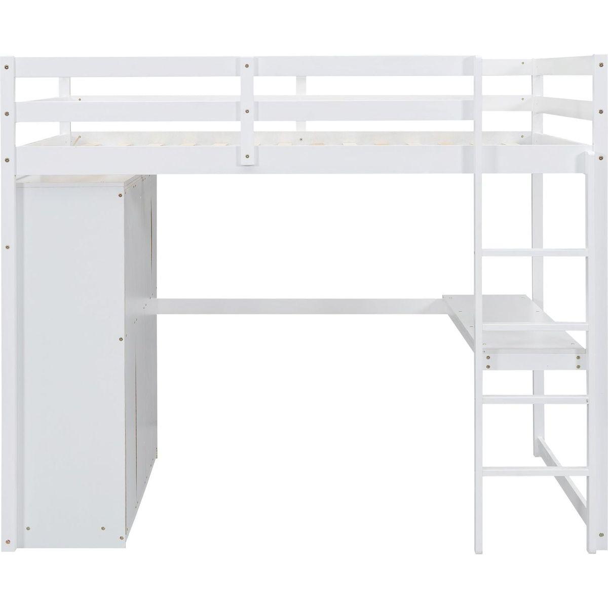 Wood Full Size Loft Bed with Built-in Wardrobe, Desk, Storage Shelves and Drawers, White