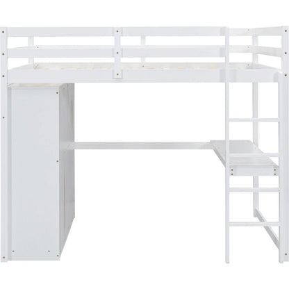 Wood Full Size Loft Bed with Built-in Wardrobe, Desk, Storage Shelves and Drawers, White