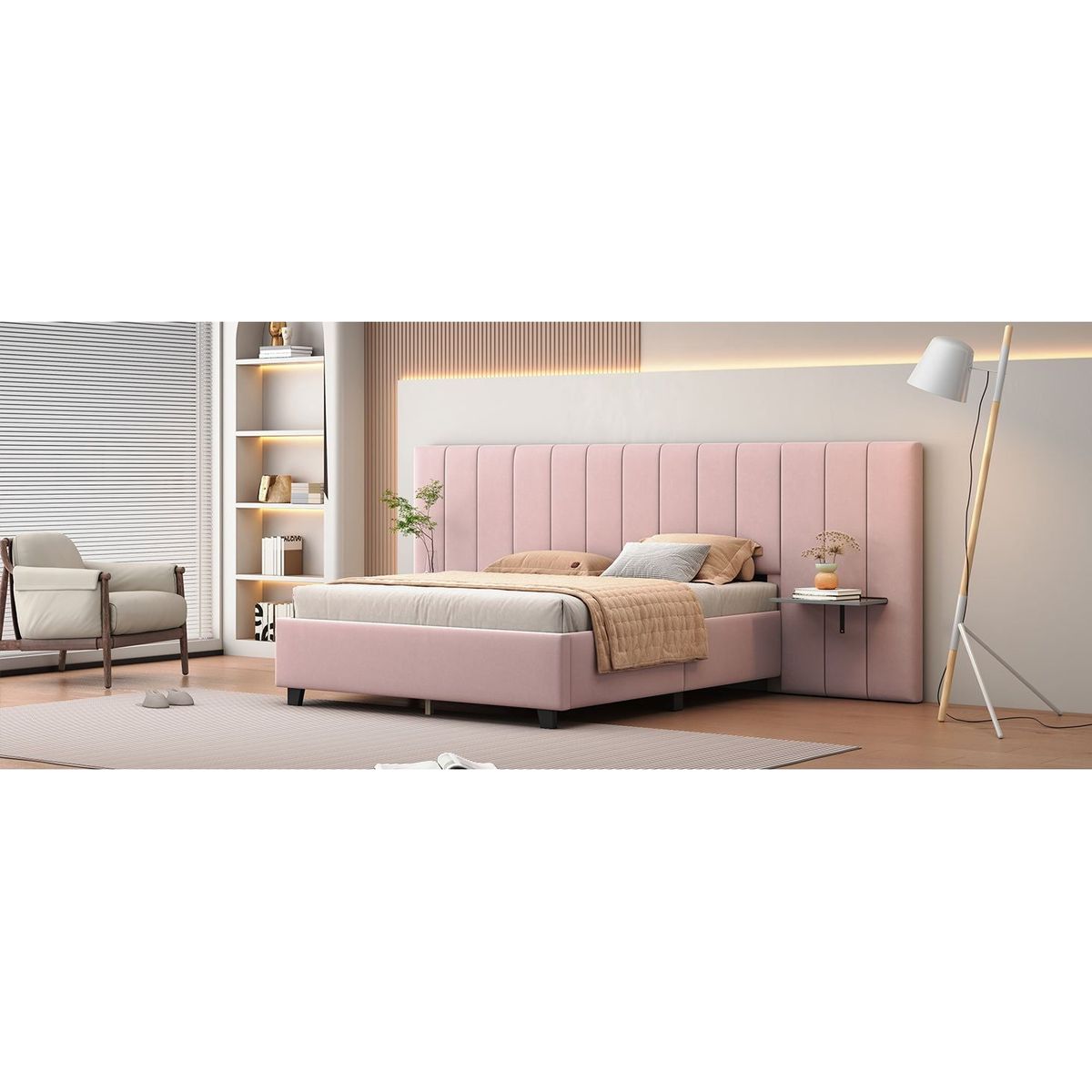Queen Size Upholstered Platform Bed with Big Headboard, Bedroom Furniture, Velvet, Pink