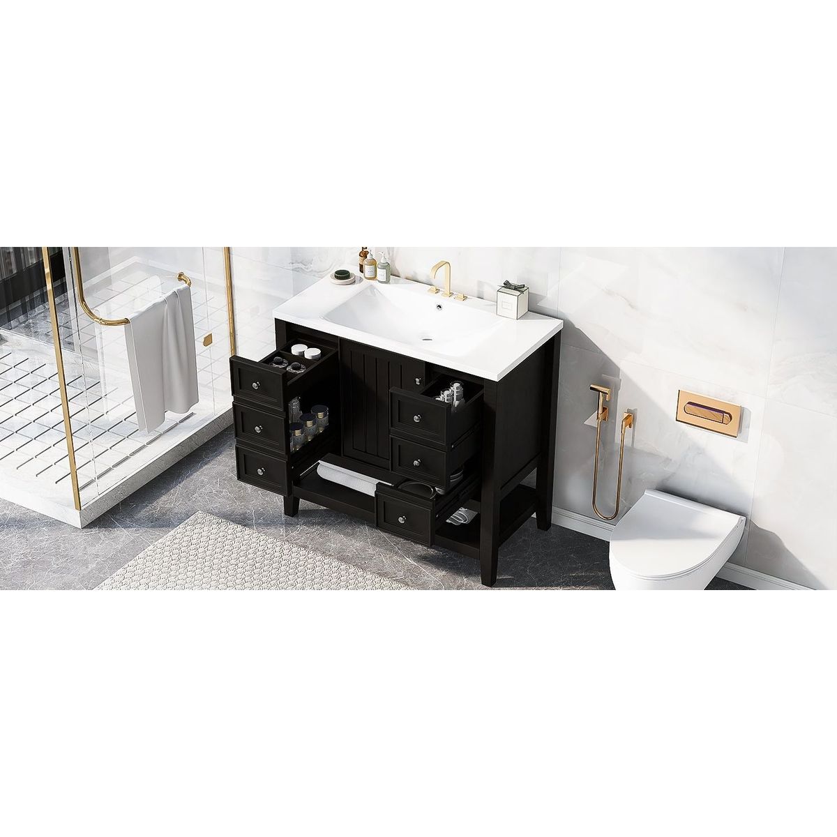 36" Bathroom Vanity with Sink Combo, One Cabinet and Three Drawers, Solid Wood and MDF Board, Black