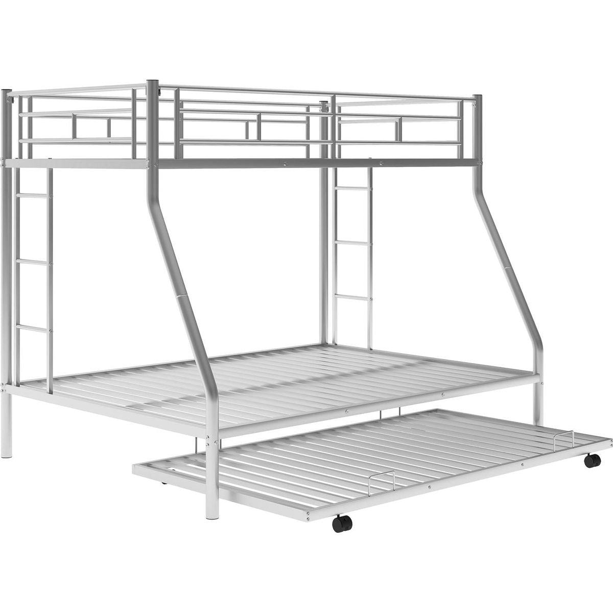 Twin over Full Bed with Sturdy Steel Frame, Bunk Bed with Twin Size Trundle, Two-Side Ladders, Silver