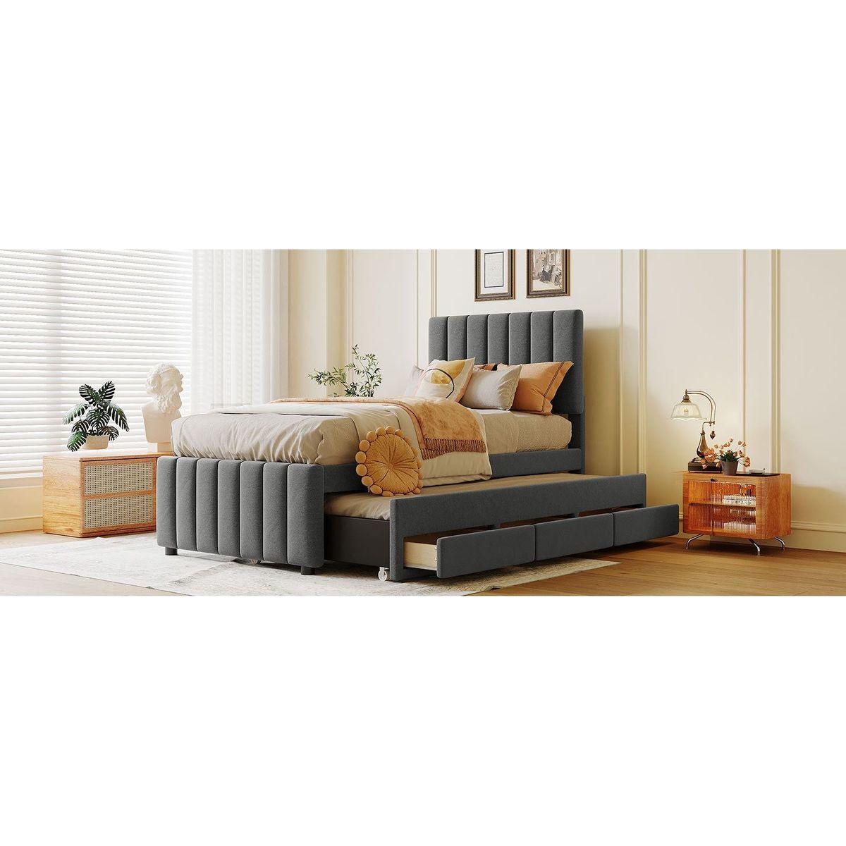 Twin Size Upholstered Platform Bed with Trundle and 3 Drawers, Linen Fabric, Gray