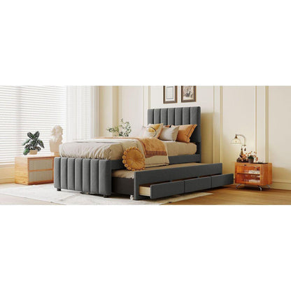 Twin Size Upholstered Platform Bed with Trundle and 3 Drawers, Linen Fabric, Gray