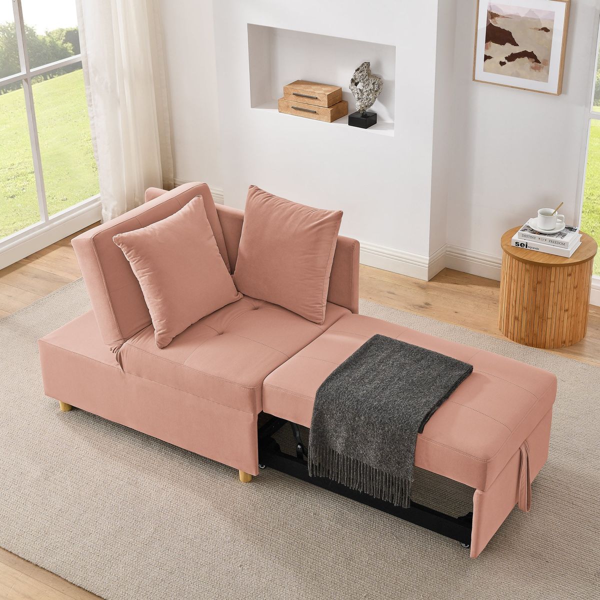 Convertible Sleeper Sofa Chair Adjustable Backrest Recliner with Pullout Sofa Bed with Wheels, Modern Linen Fabric for Living Room for Tight Spaces, Pink