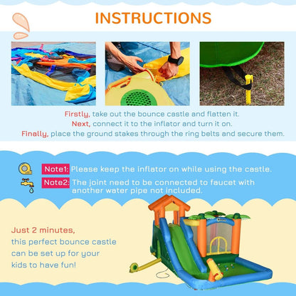 6-in-1 Tropical Inflatable Water Slide Summer Theme Jumping Castle Includes Floating Ball Slide Trampoline Pool Cannon Climbing Wall with Carry Bag, Repair Patches and 450W Air Blower