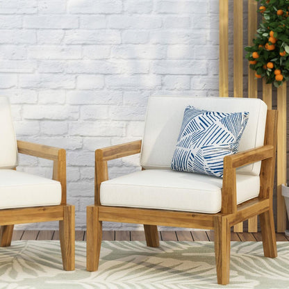 Outdoor Club Chairs with Cushions, 29" H X 26.5" W X 29" D, acacia wood + Teak Finish + Beige