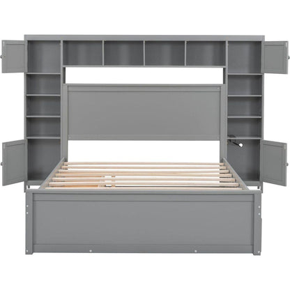 Queen Size Wooden Bed With All-in-One Cabinet, Shelf and Sockets, Gray