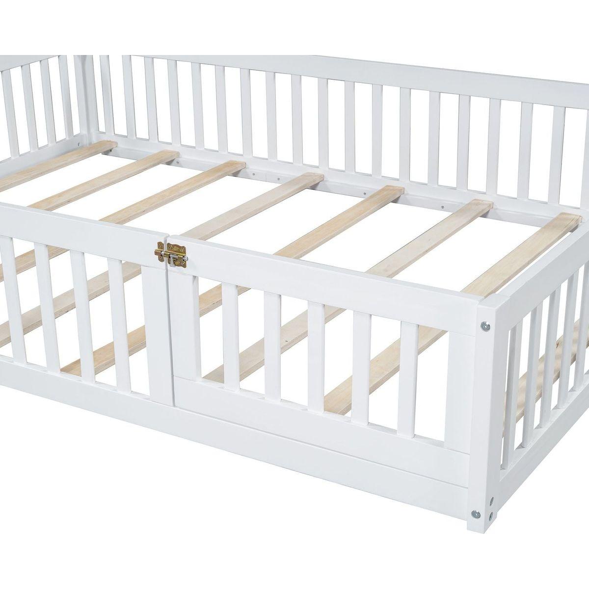 Wood Full Size House Platform Bed with Guardrail, White