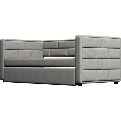 Twin Size Daybed with Trundle, Upholstered Daybed with Padded Back, Gray