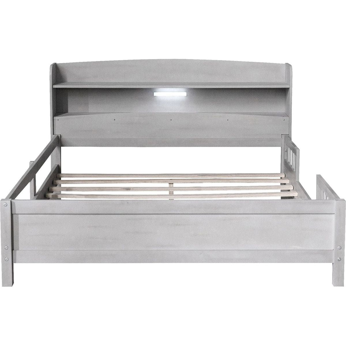 Wood Full Size Platform Bed with Built-in LED Light, Storage Headboard and Guardrail, Antique Grey