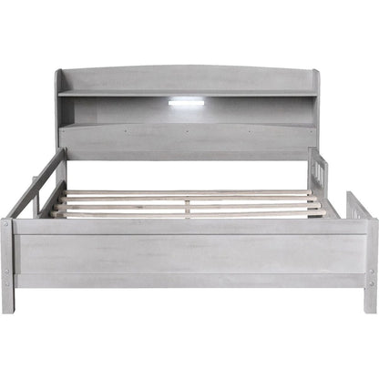 Wood Full Size Platform Bed with Built-in LED Light, Storage Headboard and Guardrail, Antique Grey