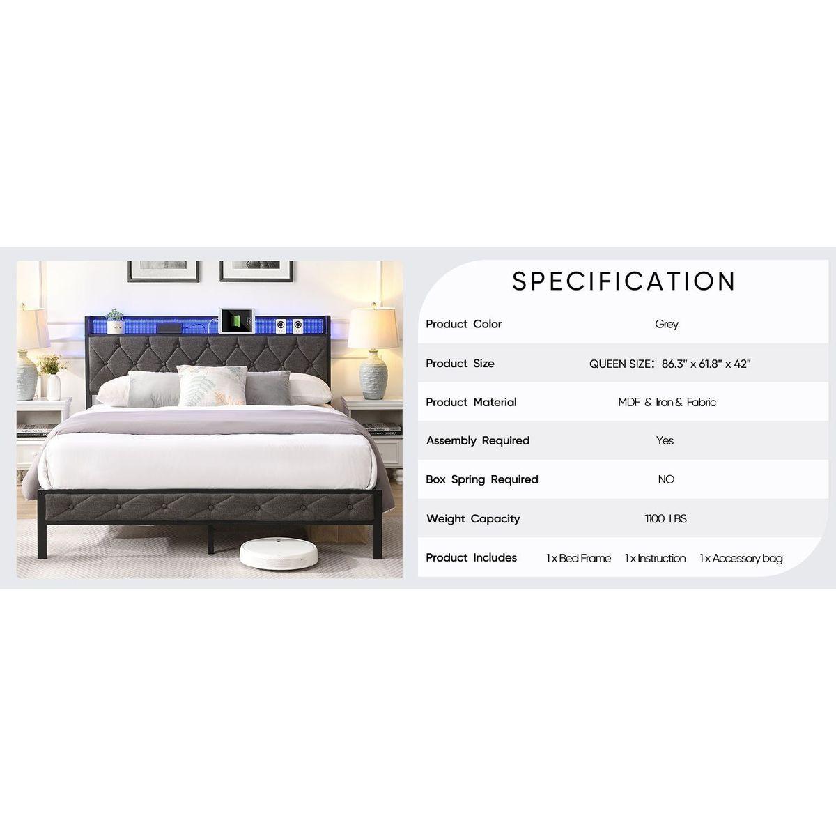 Queen Bed Frame with Storage Headboard, Charging Station and LED Lights, Upholstered Platform Bed with Heavy Metal Slats, No Box Spring Needed, Noise Free, Easy Assembly, Dark Gray