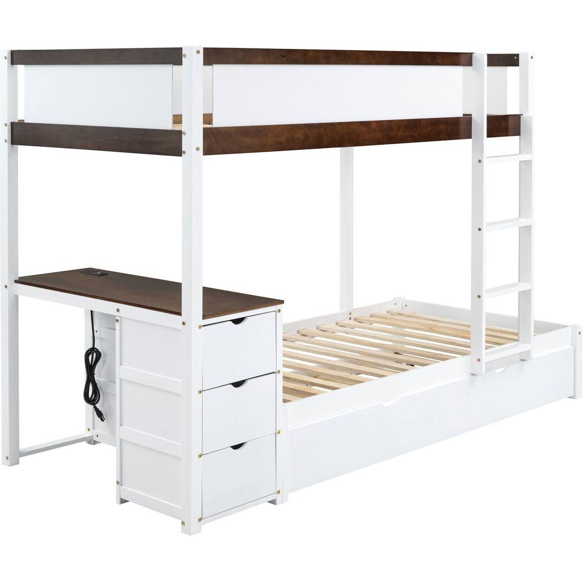 Twin-Over-Twin Bunk Bed with Twin size Trundle, Storage and Desk, White+Walnut
