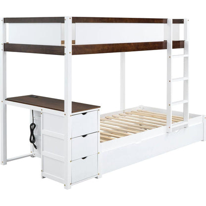 Twin-Over-Twin Bunk Bed with Twin size Trundle, Storage and Desk, White+Walnut