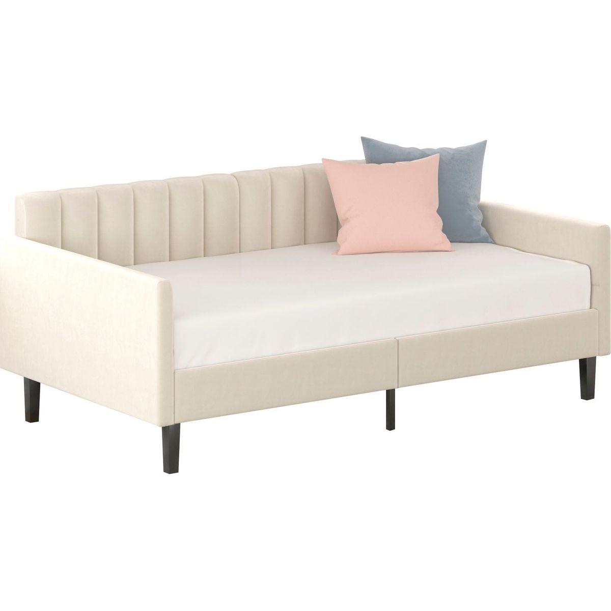 Elena Twin Size Beige Velvet Upholstered Daybed, Ribbed Tufted Backrest, Daybed in Lavish Modern Design, Richly Hued Foam Comfort