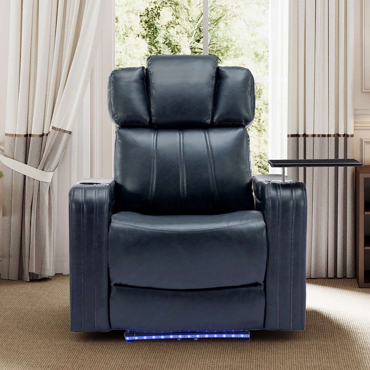Blue PU Leather Power Recliner Theater Chair with Cooling Cup Holder, Bluetooth Speaker, LED Lights, USB Ports