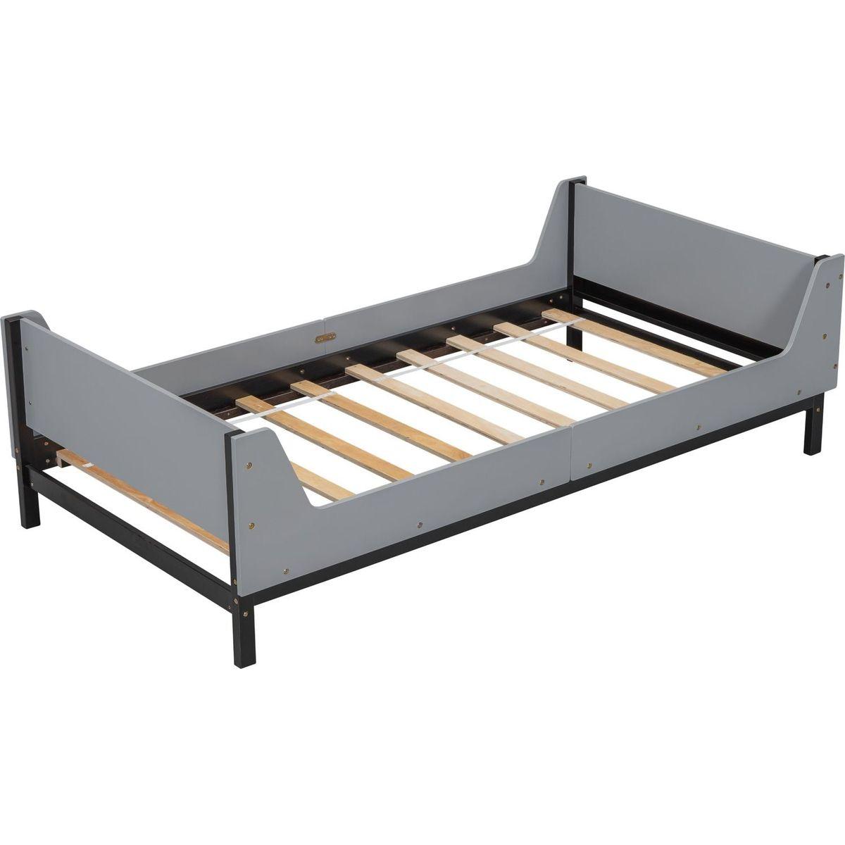 Twin Bed with Headboard, Footboard, Safeguards, Built-in Bed-end Book Storage Rack, Grey