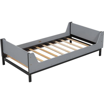 Twin Bed with Headboard, Footboard, Safeguards, Built-in Bed-end Book Storage Rack, Grey