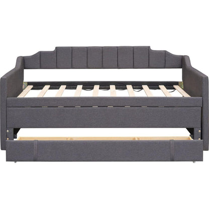 Twin Size Upholstered Daybed with Trundle and Three Drawers,Grey