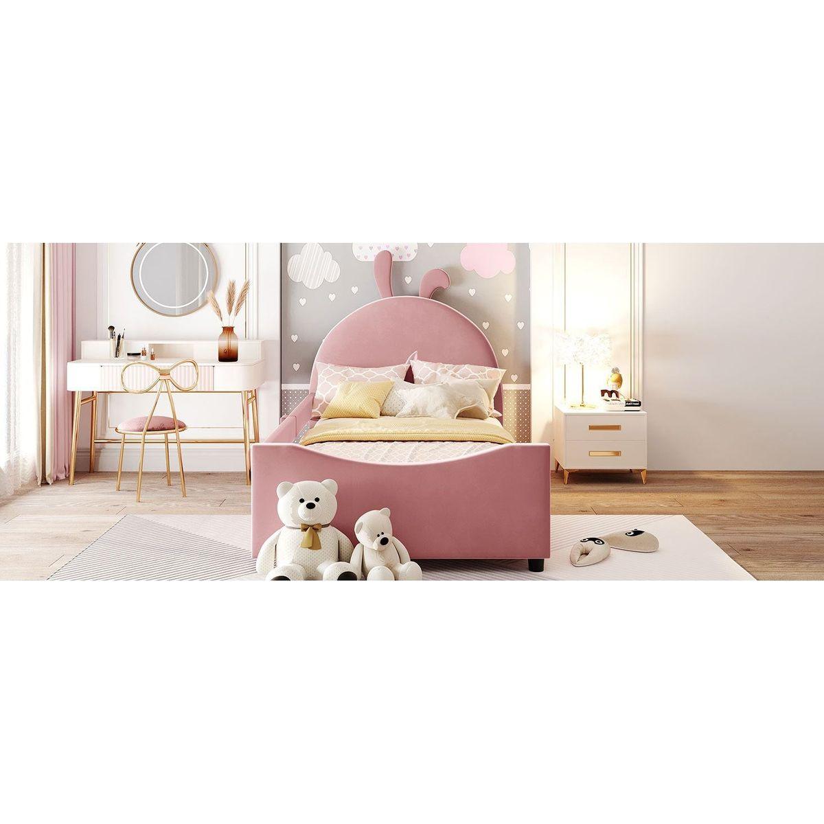 Twin Size Upholstered Daybed with Rabbit Ear Shaped Headboard, Pink