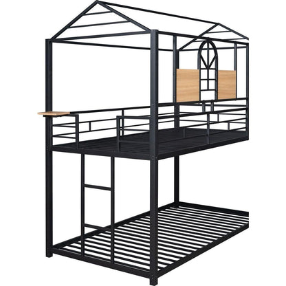 Twin Over Twin Metal Bunk Bed, Metal Housebed With Slide,Three Colors Available.(Black with Black Slide)