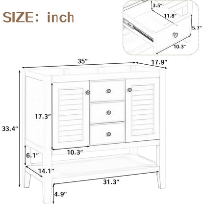 36" Bathroom Vanity without Sink, Cabinet Base Only, Two Cabinets and Drawers, Open Shelf, Solid Wood Frame, White