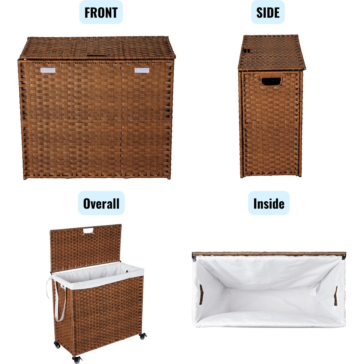 Laundry Hamper With Lid PE Rattan Powder Coating Frame Clothes Hampers with 02 Removable Bags, Wheels, 160L, Brown Color