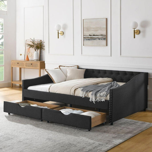 Full Size Daybed with Drawers Upholstered Tufted Sofa Bed, with Button on Back and Copper Nail on Waved Shape Arms(80.5"x55.5"x27.5")