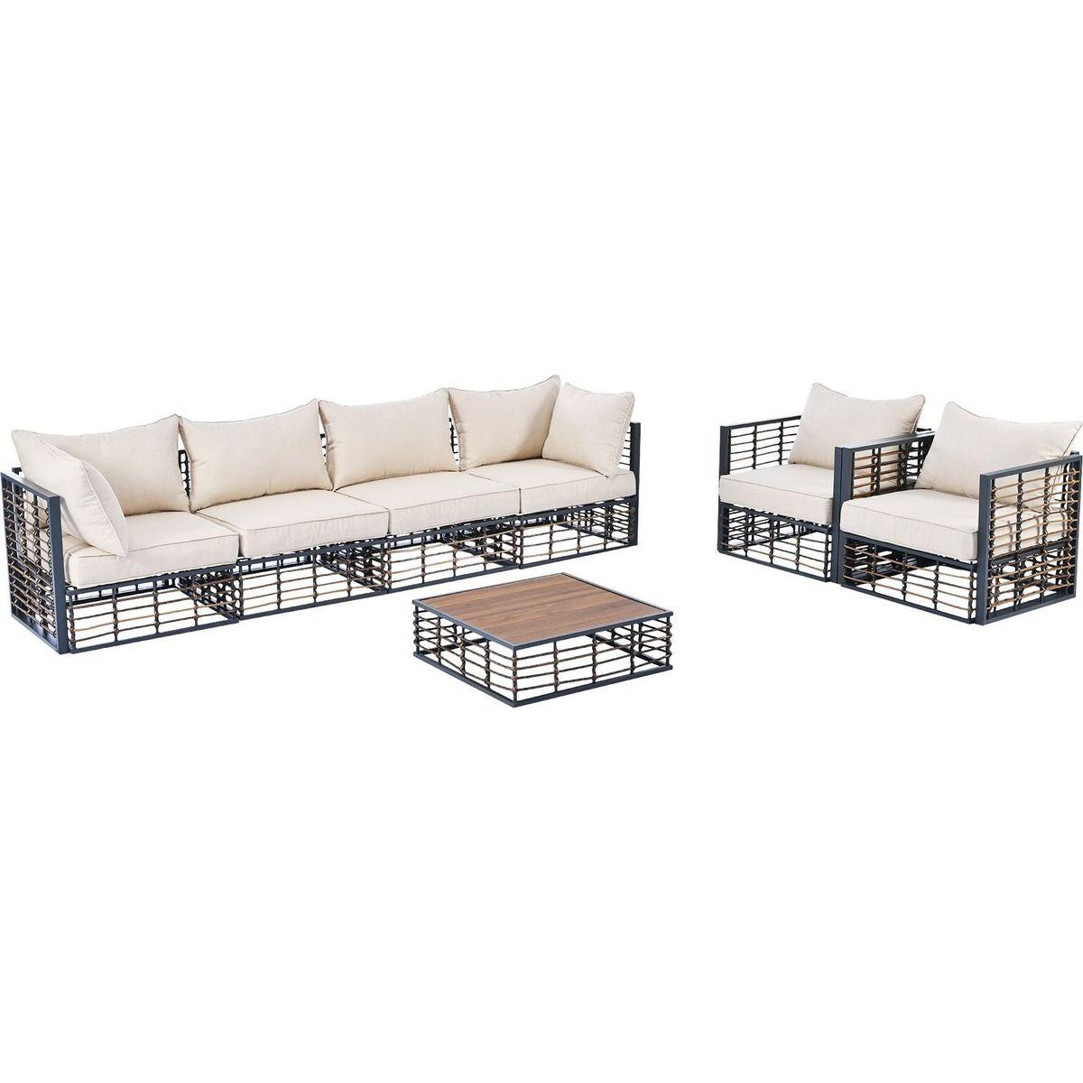 Modern Minimalist 7-Piece Metal Patio Sectional Sofa Set, All-Weather Garden Conversational Furniture Set with Thick Cushions and Coffee Table for Indoor Outdoor, Gray