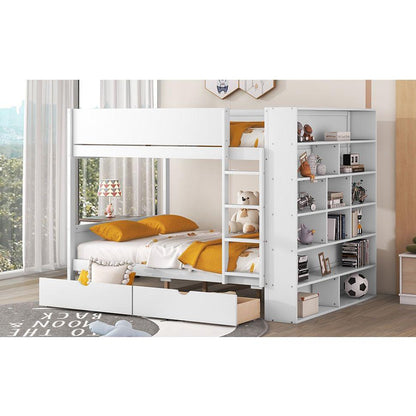 Full over Full Bunk Bed With 2 Drawers and Multi-layer Cabinet, White