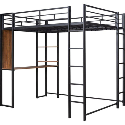 Full Size Metal Loft Bed with 2 Shelves and one Desk, Black