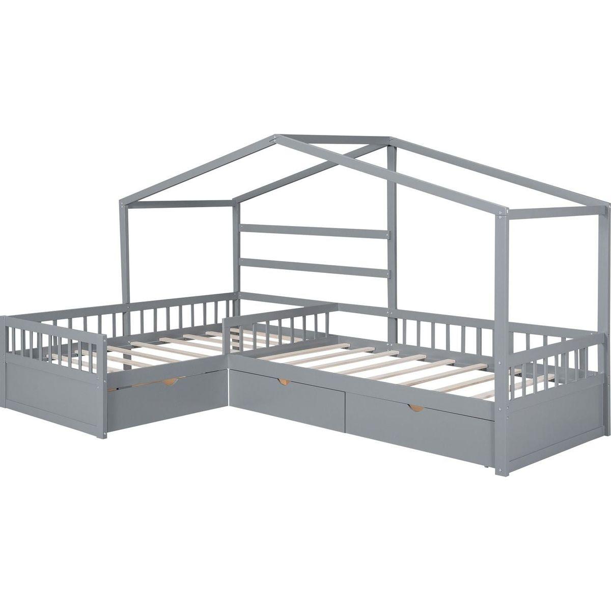 Twin Size House Platform Bed with Three Storage Drawers,Gray