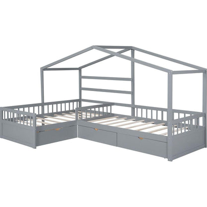 Twin Size House Platform Bed with Three Storage Drawers,Gray