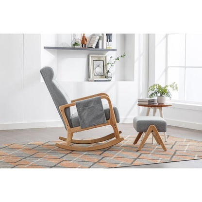 Rocking Chair With Ottoman, Mid-Century Modern Upholstered Fabric Rocking Armchair, Rocking Chair Nursery with Thick Padded Cushion, High Backrest Accent Glider Rocker Chair for Living Room